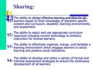 Sharing: The ability to design effective learning activities for all learners based on their knowledge of discipline specific content and curriculum, students, learning environments, and assessment. The ability to select and use appropriate curriculum resources including current technology to enhance instruction for diverse learners. The ability to effectively organize, mange, and facilitate a learning environment which engages learners in active learning and positive social interaction. The ability to develop and utilize a variety of formal and informal assessment strategies to ensure the continuous development of all learners. S1: S2: S3: S4: 