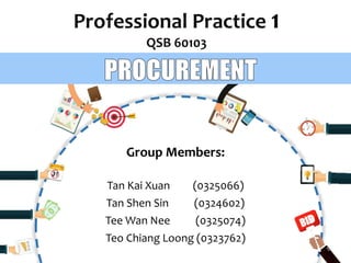 Professional Practice 1
QSB 60103
Group Members:
Tan Kai Xuan (0325066)
Tan Shen Sin (0324602)
Tee Wan Nee (0325074)
Teo Chiang Loong (0323762)
 