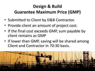 • Submitted to Client by D&B Contractor.
• Provide client an amount of project cost.
• If the final cost exceeds GMP, sum payable by
client remains as GMP
• If lower than GMP, saving will be shared among
Client and Contractor in 70:30 basis.
Design & Build
Guarantee Maximum Price (GMP)
 