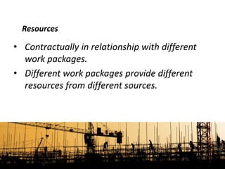 • Contractually in relationship with different
work packages.
• Different work packages provide different
resources from different sources.
Resources
 