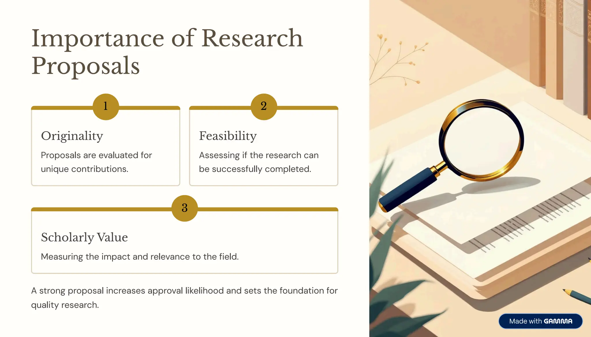 Importance of Research
Proposals
1
Originality
Proposals are evaluated for
unique contributions.
2
Feasibility
Assessing if the research can
be successfully completed.
3
Scholarly Value
Measuring the impact and relevance to the field.
A strong proposal increases approval likelihood and sets the foundation for
quality research.
 