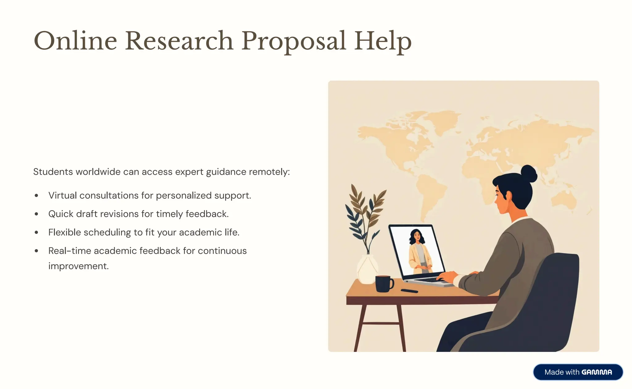 Online Research Proposal Help
Students worldwide can access expert guidance remotely:
Virtual consultations for personalized support.
Quick draft revisions for timely feedback.
Flexible scheduling to fit your academic life.
Real-time academic feedback for continuous
improvement.
 