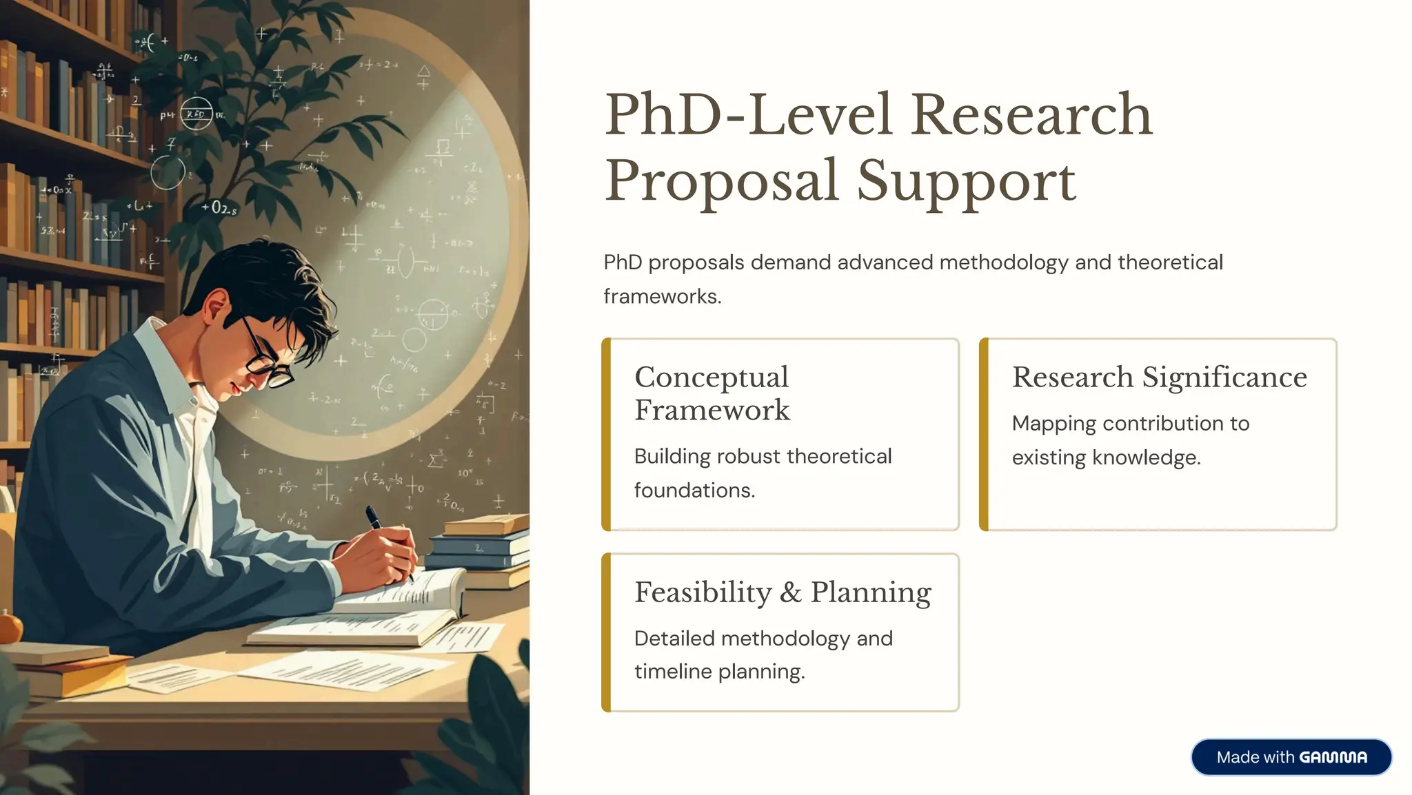 PhD-Level Research
Proposal Support
PhD proposals demand advanced methodology and theoretical
frameworks.
Conceptual
Framework
Building robust theoretical
foundations.
Research Significance
Mapping contribution to
existing knowledge.
Feasibility & Planning
Detailed methodology and
timeline planning.
 