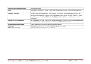 *Nationally-validated Version. Finalized, TEC Workshop, August 4-5 2016 © PNU and UNE 27
School/learning/community context See learning context
Strand More specific dimensions of teacher practice under every domain in the set of professional standards for
teachers
Summative assessment is used to evaluate student learning, skill acquisition, and academic achievement at the conclusion of a
defined instructional period—typically at the end of a project, unit, quarter, semester, program, or school
year. (Please also refer to DepEd Order No. 8, s. 2015, pp. 2-3 for additional description of summative
assessment.)
Teaching and learning resources are teaching aids and other materials that teachers use not only to enhance teaching and learning but also
to assist learners to meet the expectations for learning as defined by the curriculum.
Verbal communication strategies Oral or spoken means of transmitting information and meaning
Virtual space The online environment like the social media where people can interact
Wider school community Refers to both internal and external stakeholders
 