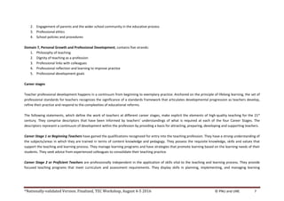 *Nationally-validated Version. Finalized, TEC Workshop, August 4-5 2016 © PNU and UNE 7
2. Engagement of parents and the wider school community in the educative process
3. Professional ethics
4. School policies and procedures
Domain 7, Personal Growth and Professional Development, contains five strands:
1. Philosophy of teaching
2. Dignity of teaching as a profession
3. Professional links with colleagues
4. Professional reflection and learning to improve practice
5. Professional development goals
Career stages
Teacher professional development happens in a continuum from beginning to exemplary practice. Anchored on the principle of lifelong learning, the set of
professional standards for teachers recognizes the significance of a standards framework that articulates developmental progression as teachers develop,
refine their practice and respond to the complexities of educational reforms.
The following statements, which define the work of teachers at different career stages, make explicit the elements of high-quality teaching for the 21st
century. They comprise descriptors that have been informed by teachers’ understandings of what is required at each of the four Career Stages. The
descriptors represent a continuum of development within the profession by providing a basis for attracting, preparing, developing and supporting teachers.
Career Stage 1 or Beginning Teachers have gained the qualifications recognized for entry into the teaching profession. They have a strong understanding of
the subjects/areas in which they are trained in terms of content knowledge and pedagogy. They possess the requisite knowledge, skills and values that
support the teaching and learning process. They manage learning programs and have strategies that promote learning based on the learning needs of their
students. They seek advice from experienced colleagues to consolidate their teaching practice.
Career Stage 2 or Proficient Teachers are professionally independent in the application of skills vital to the teaching and learning process. They provide
focused teaching programs that meet curriculum and assessment requirements. They display skills in planning, implementing, and managing learning
 