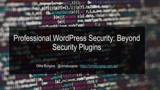 Professional WordPress Security: Beyond
Security Plugins
Chris Burgess ∙ @chrisburgess ∙ https://chrisburgess.com.au/
 