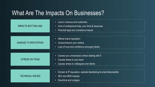 What Are The Impacts On Businesses?
• Loss in revenue and customers
• Cost of professional help, your time & resources
• Potential legal and compliance issues
• Affects brand reputation
• Compromise to your visitors
• Loss of trust and confidence amongst clients
IMPACTS BOTTOM LINE
DAMAGE TO REPUTATION
STRESS ON TEAM
TECHNICAL ISSUES
• Causes you unnecessary stress dealing with it
• Causes stress to your team
• Causes stress to colleagues and clients
• Domain & IP reputation, website blacklisting & email deliverability
• SEO and SEM impacts
• Downtime and outages
 