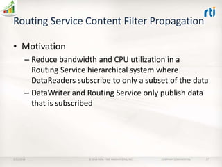 Routing Service Content Filter Propagation
• Motivation
– Reduce bandwidth and CPU utilization in a
Routing Service hierarchical system where
DataReaders subscribe to only a subset of the data
– DataWriter and Routing Service only publish data
that is subscribed

2/11/2014

© 2014 REAL-TIME INNOVATIONS, INC.

COMPANY CONFIDENTIAL

17

 