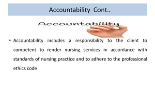 Accountability Cont..
• Accountability includes a responsibility to the client to
competent to render nursing services in accordance with
standards of nursing practice and to adhere to the professional
ethics code
 