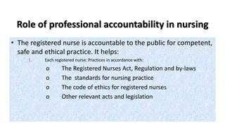 Role of professional accountability in nursing
• The registered nurse is accountable to the public for competent,
safe and ethical practice. It helps:
1. Each registered nurse: Practices in accordance with:
o The Registered Nurses Act, Regulation and by-laws
o The standards for nursing practice
o The code of ethics for registered nurses
o Other relevant acts and legislation
 