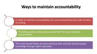 Ways to maintain accountability
In order to maintain accountability, the nurse should know the code of ethics
in nursing
Providing quality nursing care, assures that the nurse maintains
accountability
The nurse should follow accurate technical skills and also should acquire
knowledge through higher education
 
