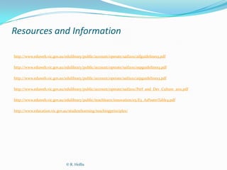 Resources and Information

http://www.eduweb.vic.gov.au/edulibrary/public/account/operate/saif2011/aifguidelines3.pdf

http://www.eduweb.vic.gov.au/edulibrary/public/account/operate/saif2011/sspguidelines3.pdf

http://www.eduweb.vic.gov.au/edulibrary/public/account/operate/saif2011/aipguidelines3.pdf

http://www.eduweb.vic.gov.au/edulibrary/public/account/operate/saif2011/Perf_and_Dev_Culture_2011.pdf

http://www.eduweb.vic.gov.au/edulibrary/public/teachlearn/innovation/e5/E5_A1PosterTable4.pdf

http://www.education.vic.gov.au/studentlearning/teachingprinciples/




                               © R. Hollis
 