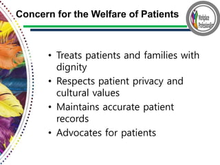 • Treats patients and families with
dignity
• Respects patient privacy and
cultural values
• Maintains accurate patient
records
• Advocates for patients
Concern for the Welfare of Patients
 