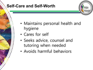 • Maintains personal health and
hygiene
• Cares for self
• Seeks advice, counsel and
tutoring when needed
• Avoids harmful behaviors
Self-Care and Self-Worth
 
