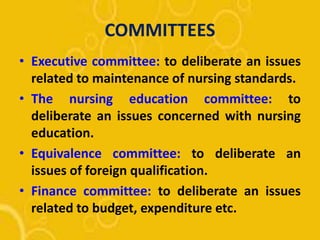 COMMITTEES
• Executive committee: to deliberate an issues
related to maintenance of nursing standards.
• The nursing education committee: to
deliberate an issues concerned with nursing
education.
• Equivalence committee: to deliberate an
issues of foreign qualification.
• Finance committee: to deliberate an issues
related to budget, expenditure etc.
 