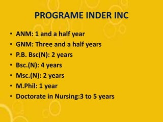 PROGRAME INDER INC
• ANM: 1 and a half year
• GNM: Three and a half years
• P.B. Bsc(N): 2 years
• Bsc.(N): 4 years
• Msc.(N): 2 years
• M.Phil: 1 year
• Doctorate in Nursing:3 to 5 years
 