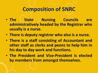Composition of SNRC
• The State Nursing Councils are
administratively headed by the Registrar who
usually is a nurse.
• There is deputy registrar who also is a nurse.
• There is a staff consisting of Accountant and
other staff as clerks and peons to help him in
his day to day work and functions.
• The President and Vice-President is elected
by members from amongst themselves.
 