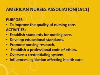 AMERICAN NURSES ASSOCIATION(1911)
PURPOSE:
• To improve the quality of nursing care.
ACTIVITIES:
• Establish standards for nursing care.
• Develop educational standards.
• Promote nursing research.
• Establish a professional code of ethics.
• Oversee a credentialing system.
• Influences legislation affecting health care.
 