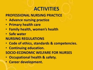 ACTIVITIES
PROFESSIONAL NURSING PRACTICE
• Advance nursing practice
• Primary health care
• Family health, women’s health
• Safe water
NURSING REGULATIONS
• Code of ethics, standards & competencies.
• Continuing education.
SOCIO-ECONOMIC WELFARE FOR NURSES
• Occupational health & safety.
• Career development.
 