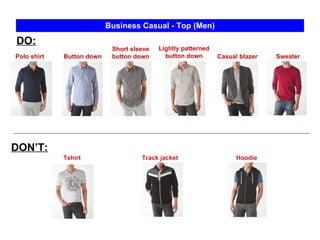 Lightly patterned button down Hoodie Business Casual - Top (Men) Polo shirt  Short sleeve button down DO: DON’T: Tshirt Track jacket Button down Casual blazer Sweater 
