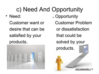 c) Need And Opportunity Need:   .  Opportunity Customer want or  Customer Problem  desire that can be   or dissatisfaction  satisfied by your   that could be  products.  solved by your   products. 