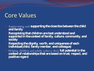 Core Values Appreciating and  supporting the close ties between the child and family Recognizing that children are best understood and supported in the context of family, culture, community, and society Respecting the dignity, worth, and uniqueness of each individual(child, family member, and colleague)  Helping children and adults achieve their  full potential in the context of relationships that are based on trust, respect, and positive regard 