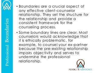 •Boundaries are a crucial aspect of any effective client-counselor relationship. They set the structure for the relationsh...