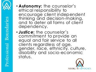 •Autonomy: the counselor’s ethical responsibility to encourage client independent thinking and decision-making, and to deter all forms of client dependency. 
•Justice: the counselor’s commitment to provide an equal and fair service to all clients regardless of age, gender, race, ethnicity, culture, disability and socio-economic status. 
Professional Boundaries  