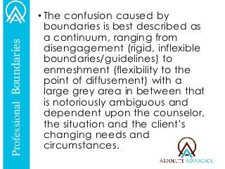 •The confusion caused by boundaries is best described as a continuum, ranging from disengagement (rigid, inflexible boundaries/guidelines) to enmeshment (flexibility to the point of diffusement) with a large grey area in between that is notoriously ambiguous and dependent upon the counselor, the situation and the client’s changing needs and circumstances. 
Professional Boundaries  