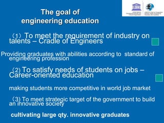 （1）To meet the requirement of industry on
talents – Cradle of Engineers
Providing graduates with abilities according to standard of
engineering profession
（2) To satisfy needs of students on jobs –
Career-oriented education
making students more competitive in world job market
（3) To meet strategic target of the government to build
an innovative society
cultivating large qty. innovative graduates
The goal of
engineering education
 