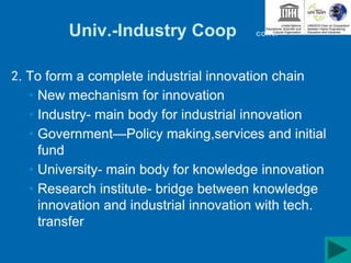 Univ.-Industry Coop cont.
2. To form a complete industrial innovation chain
• New mechanism for innovation
• Industry- main body for industrial innovation
• Government—Policy making,services and initial
fund
• University- main body for knowledge innovation
• Research institute- bridge between knowledge
innovation and industrial innovation with tech.
transfer
 