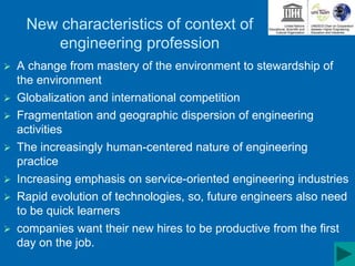 New characteristics of context of
engineering profession
 A change from mastery of the environment to stewardship of
the environment
 Globalization and international competition
 Fragmentation and geographic dispersion of engineering
activities
 The increasingly human-centered nature of engineering
practice
 Increasing emphasis on service-oriented engineering industries
 Rapid evolution of technologies, so, future engineers also need
to be quick learners
 companies want their new hires to be productive from the first
day on the job.
 