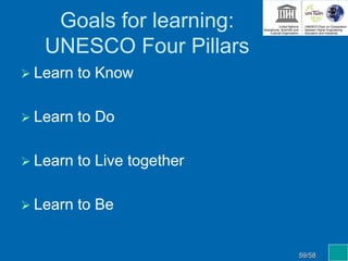 Goals for learning:
UNESCO Four Pillars
 Learn to Know
 Learn to Do
 Learn to Live together
 Learn to Be
59/58
 