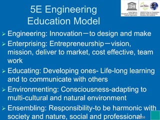 5E Engineering
Education Model
 Engineering: Innovation－to design and make
 Enterprising: Entrepreneurship－vision,
mission, deliver to market, cost effective, team
work
 Educating: Developing ones- Life-long learning
and to communicate with others
 Environmenting: Consciousness-adapting to
multi-cultural and natural environment
 Ensembling: Responsibility-to be harmonic with
society and nature, social and professional60/58
 