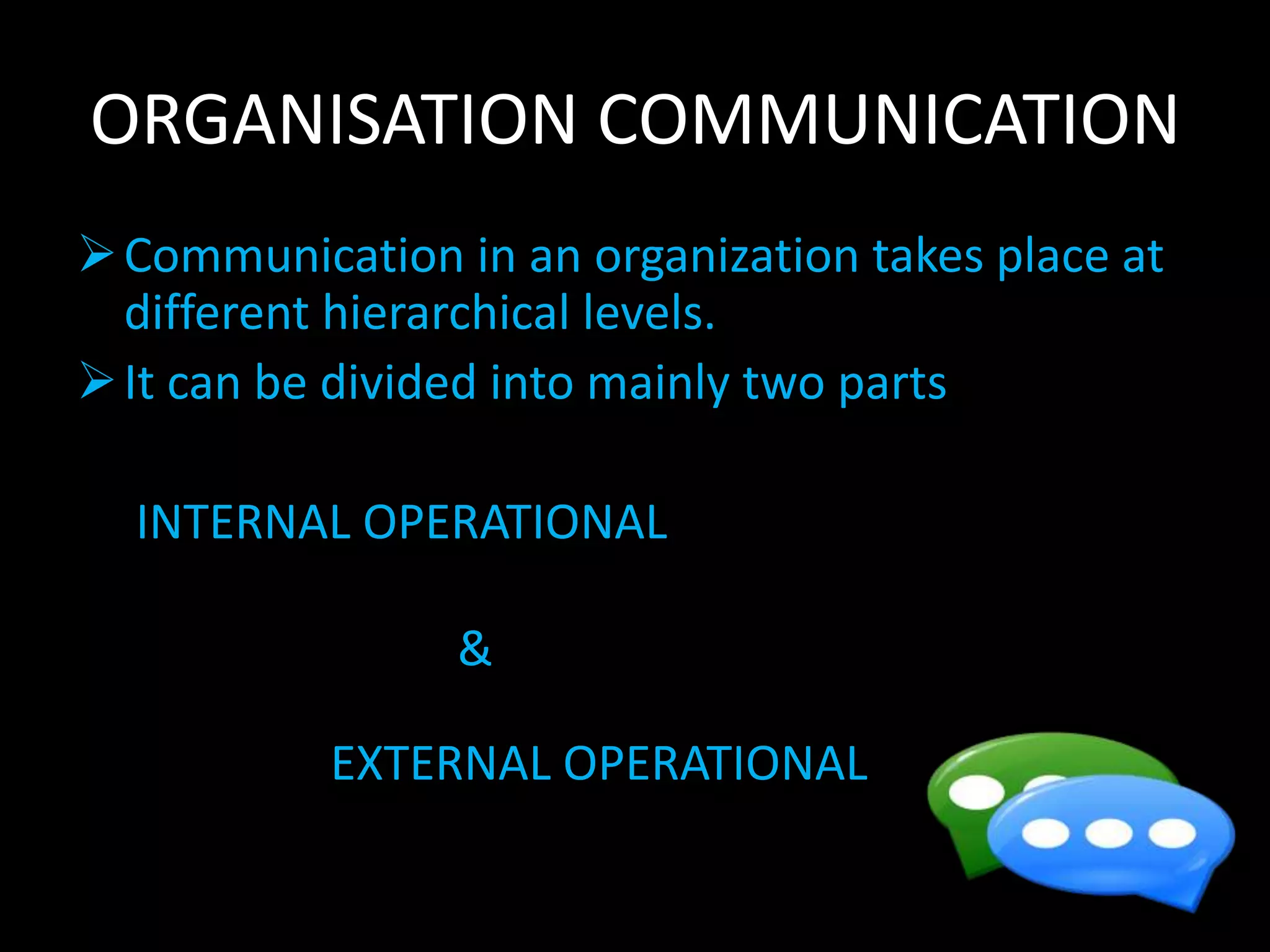 ORGANISATION COMMUNICATION
Communication in an organization takes place at
different hierarchical levels.
It can be divided into mainly two parts
INTERNAL OPERATIONAL
&
EXTERNAL OPERATIONAL
 