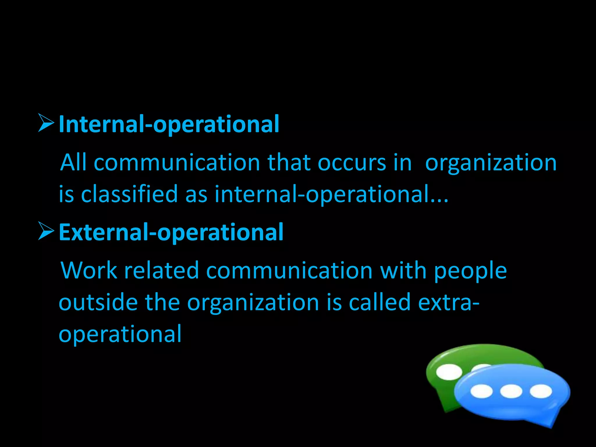 Internal-operational
All communication that occurs in organization
is classified as internal-operational...
External-operational
Work related communication with people
outside the organization is called extra-
operational
 