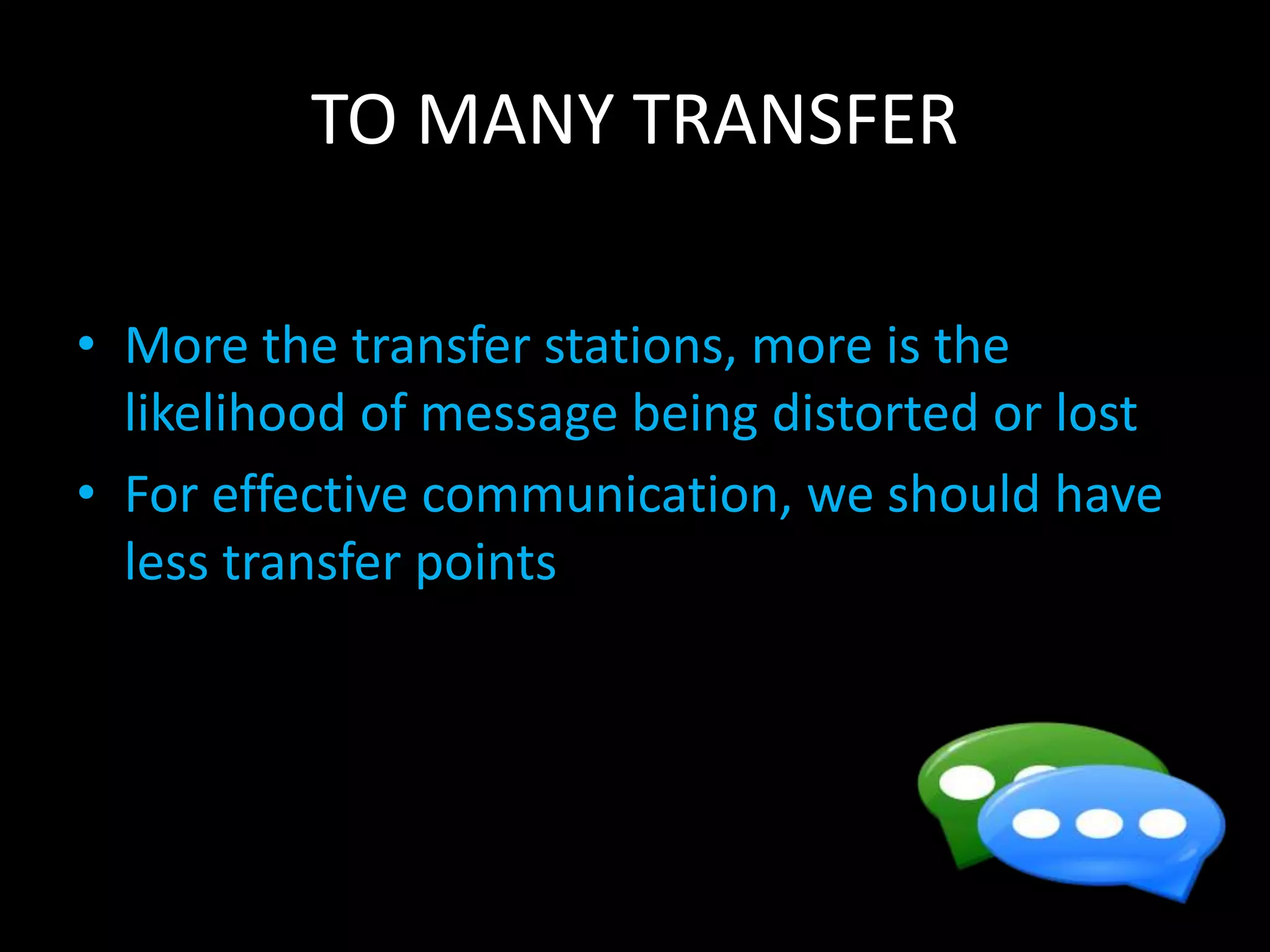 TO MANY TRANSFER
• More the transfer stations, more is the
likelihood of message being distorted or lost
• For effective communication, we should have
less transfer points
 