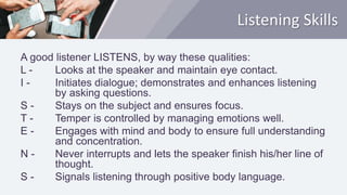 Listening Skills
A good listener LISTENS, by way these qualities:
L - Looks at the speaker and maintain eye contact.
I - Initiates dialogue; demonstrates and enhances listening
by asking questions.
S - Stays on the subject and ensures focus.
T - Temper is controlled by managing emotions well.
E - Engages with mind and body to ensure full understanding
and concentration.
N - Never interrupts and lets the speaker finish his/her line of
thought.
S - Signals listening through positive body language.
 