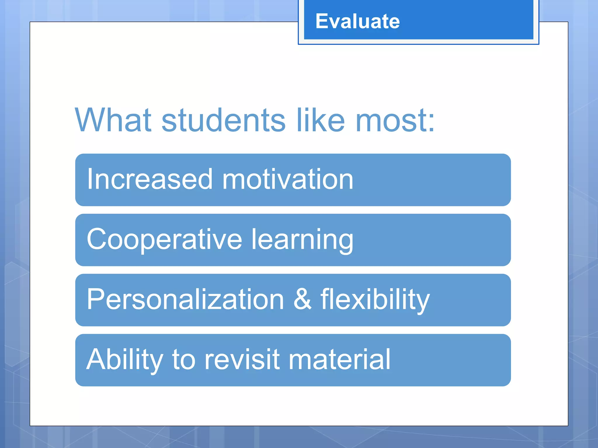 What students like most:
Increased motivation
Cooperative learning
Personalization & flexibility
Ability to revisit material
Evaluate
 