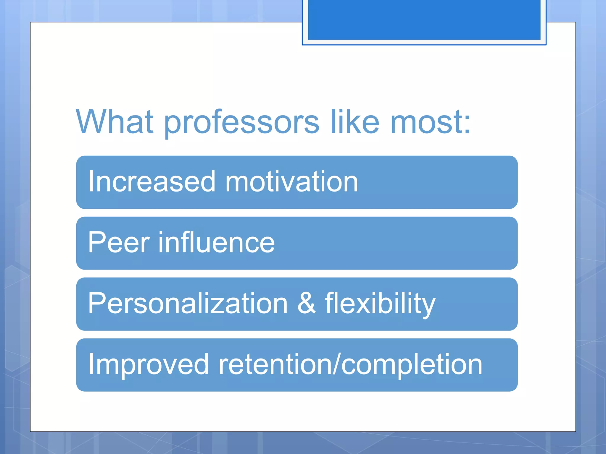 What professors like most:
Increased motivation
Peer influence
Personalization & flexibility
Improved retention/completion
 