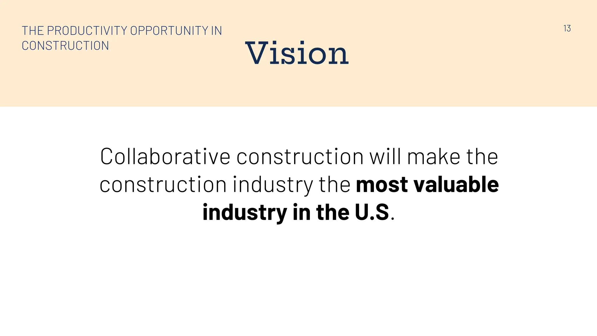 Vision
Collaborative construction will make the
construction industry the most valuable
industry in the U.S.
13
THE PRODUCTIVITY OPPORTUNITY IN
CONSTRUCTION
 
