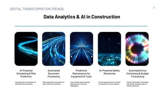 AI-Powered
Scheduling & Risk
Prediction
Interapplication automation of
administrative workflows.
Automated
Document
Processing
Multi-application automation of
labor-intensive workflows.
Predictive
Maintenance for
Equipment & Tools
User-friendly and accessible
applications of artificial
intelligence.
AI-Powered Safety
Monitoring
Custom applications of artificial
to maximize outcome impacts.
Automated Cost
Estimating & Budget
Forecasting
Project optimization technology
that doubly wrangles data for
machine learning.
18
Data Analytics & AI in Construction
DIGITAL TRANSFORMATION TRENDS
 