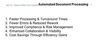 23
Automated Document Processing
1. Faster Processing & Turnaround Times
2. Fewer Errors & Reduced Rework
3. Improved Compliance & Risk Management
4. Enhanced Collaboration & Visibility
5. Cost Savings Through Efficiency Gains
DIGITAL TRANSFORMATION TRENDS
 