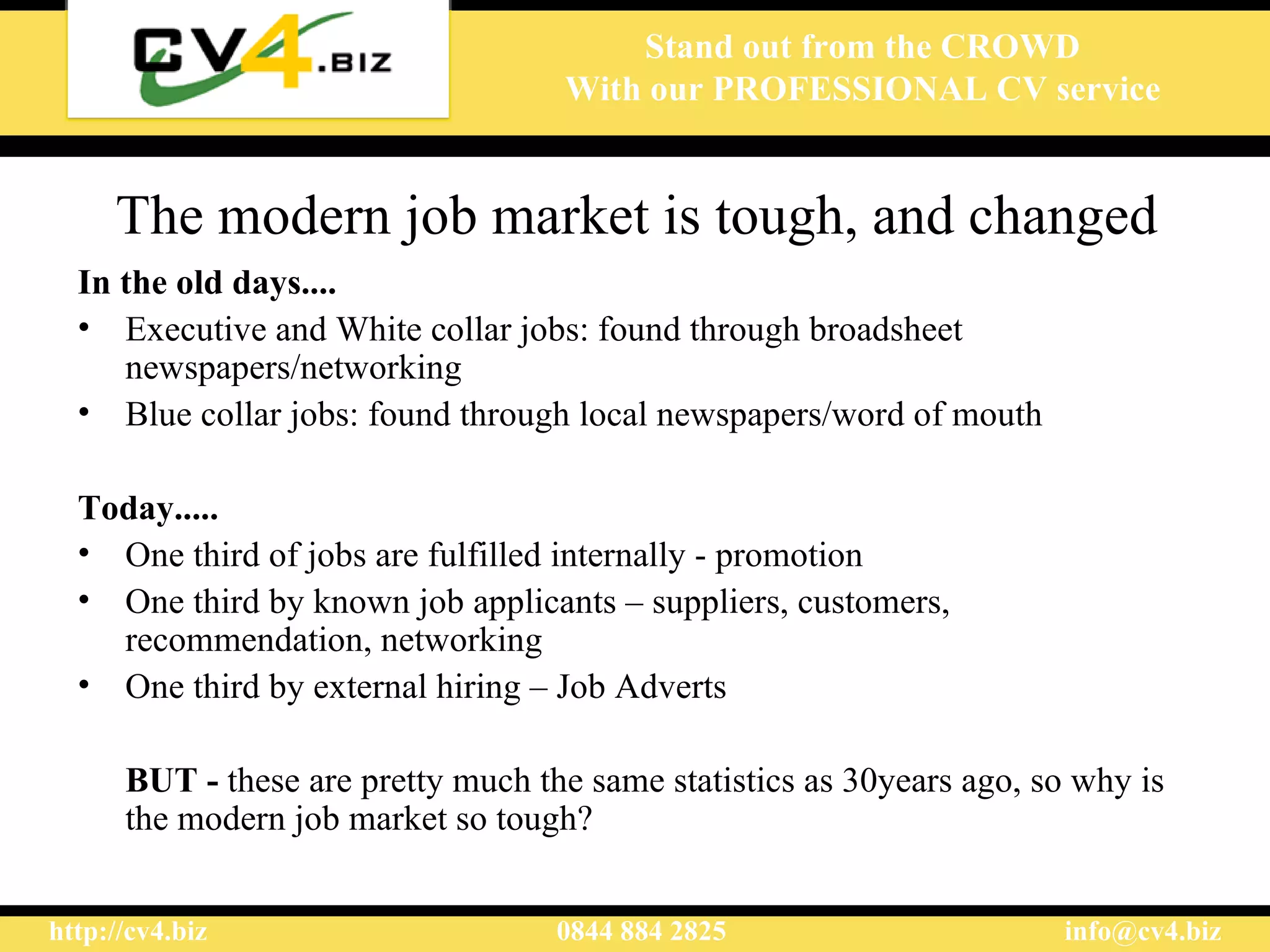 The modern job market is tough, and changed In the old days.... Executive and White collar jobs: found through broadsheet newspapers/networking Blue collar jobs: found through local newspapers/word of mouth Today..... One third of jobs are fulfilled internally - promotion One third by known job applicants – suppliers, customers, recommendation, networking One third by external hiring – Job Adverts BUT -  these are pretty much the same statistics as 30years ago, so why is the modern job market so tough?  