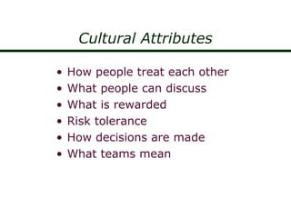 Cultural Attributes
• How people treat each other
• What people can discuss
• What is rewarded
• Risk tolerance
• How deci...