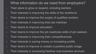 What information do we need from employers?
1.

Their plans to grow or expand, including barriers

2.

Their interests in improving the skills of the workforce

3.

Their desire to improve the supply of qualified workers

4.

Their interests in improving their job matches

5.

Their desire to improve education

6.

Their desire to improve the job readiness skills of job seekers

7.

Their interests in improving their competitiveness

8.

Their interests in saving money or increasing profits

9.

Their desire to improve or sustain a positive public image

10.

Their interests in accessing free/low cost business services

 