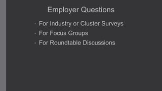 Employer Questions
•

For Industry or Cluster Surveys

•

For Focus Groups

•

For Roundtable Discussions

 