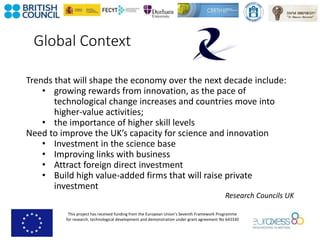 This project has received funding from the European Union’s Seventh Framework Programme
for research, technological development and demonstration under grant agreement No 643330
Global Context
Trends that will shape the economy over the next decade include:
• growing rewards from innovation, as the pace of
technological change increases and countries move into
higher-value activities;
• the importance of higher skill levels
Need to improve the UK’s capacity for science and innovation
• Investment in the science base
• Improving links with business
• Attract foreign direct investment
• Build high value-added firms that will raise private
investment
Research Councils UK
 
