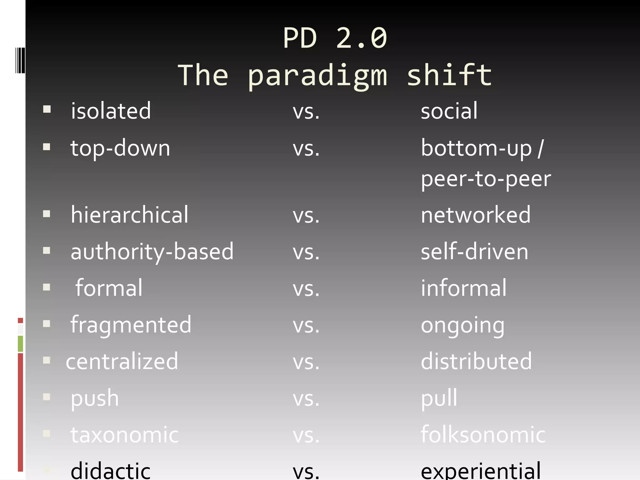 PD 2.0 The paradigm shift isolated  vs.  social  top-down  vs.  bottom-up / peer-to-peer hierarchical vs. networked authority-based  vs.  self-driven formal  vs.  informal fragmented  vs.  ongoing centralized  vs.  distributed push  vs.  pull taxonomic vs.  folksonomic didactic  vs.  experiential  