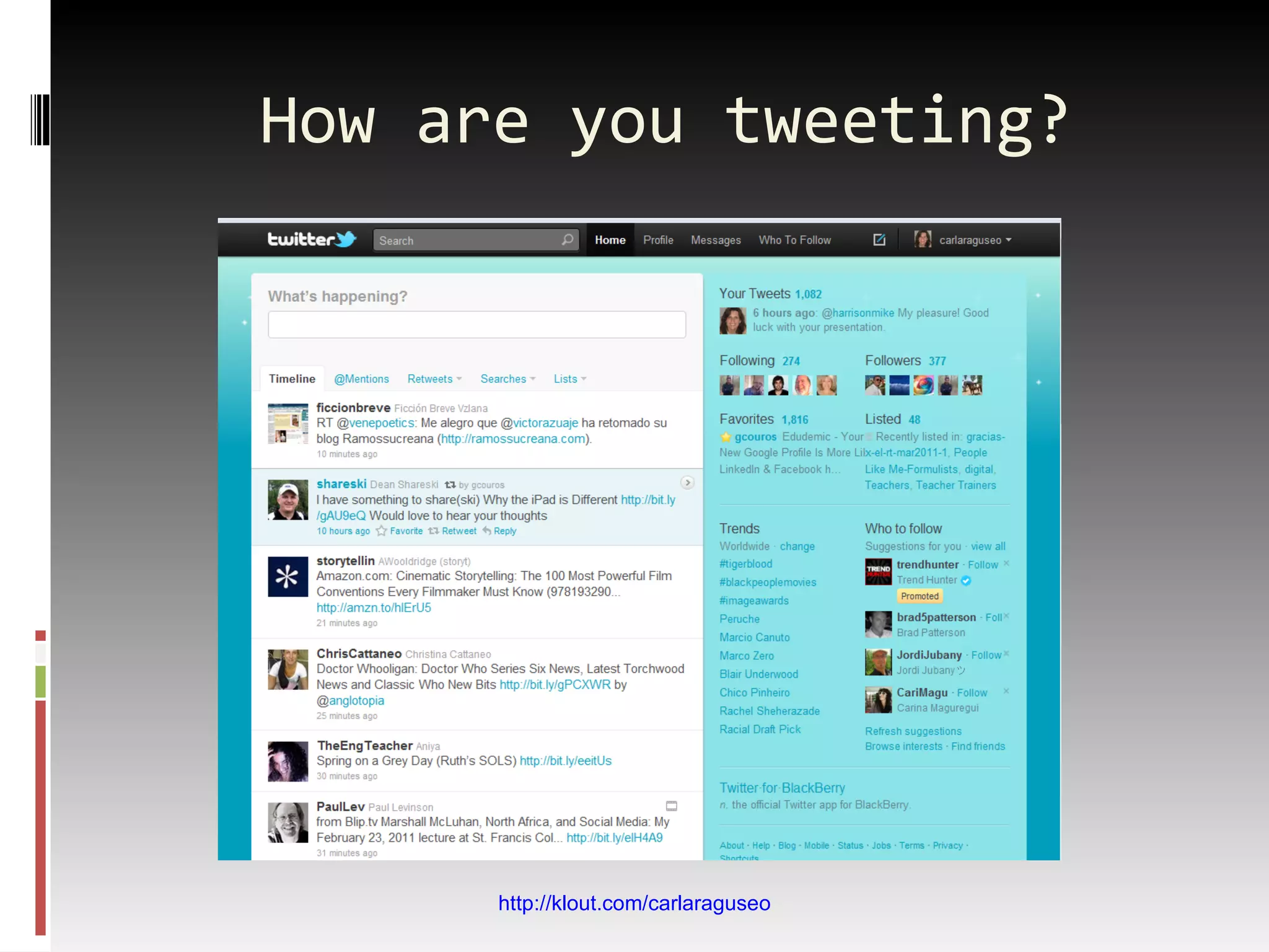 How are you tweeting? http://klout.com/carlaraguseo 